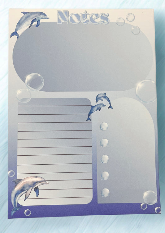 Dolphin Notepad, Underwater Animal Themed Design, Solid Cardboard Back