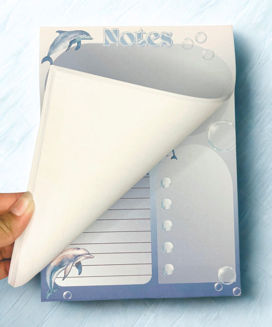 Dolphin Notepad, Underwater Animal Themed Design, Solid Cardboard Back